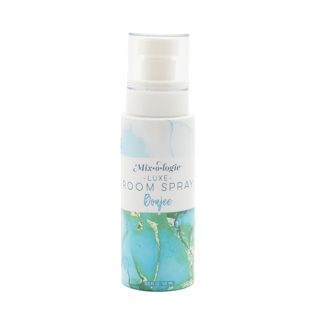 Mixologie Luxe Room Spray in Boujee, 3.3 fl oz, clear pump bottle with teal and green marble ink label
