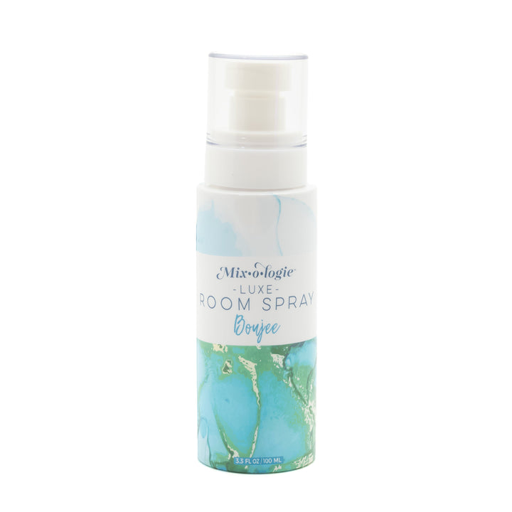 Mixologie Luxe Room Spray in Boujee, 3.3 fl oz, clear pump bottle with teal and green marble ink label
