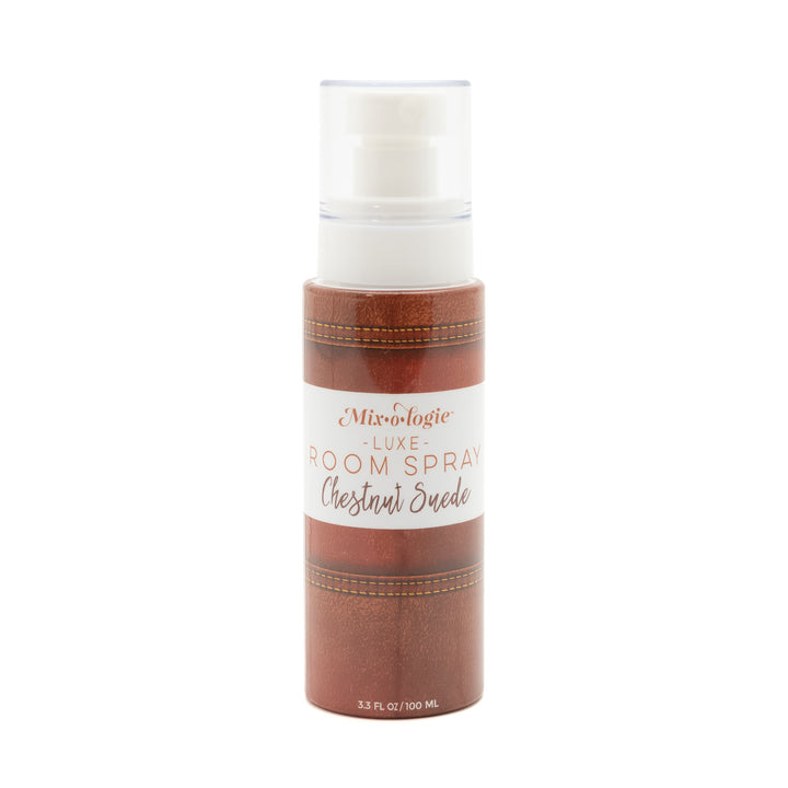 Mixologie Luxe Room Spray in Chestnut Suede, 3.3 fl oz, clear pump bottle with rich brown leather-textured label with stitching detail