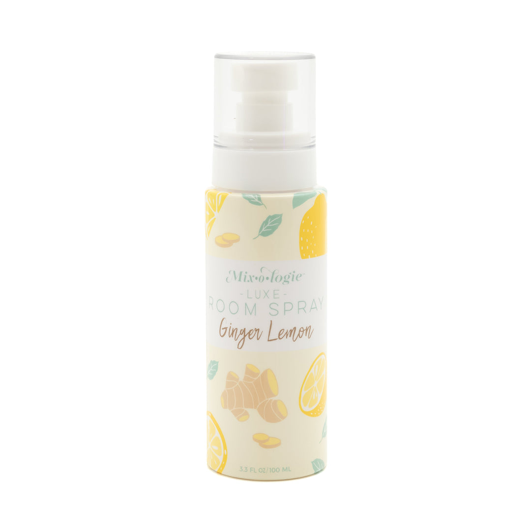 Mixologie Luxe Room Spray in Ginger Lemon, 3.3 fl oz, clear pump bottle with cream lemon slice and ginger root illustrated label