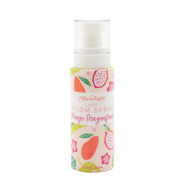 Mixologie Luxe Room Spray in Mango Dragonfruit, 3.3 fl oz, clear pump bottle with blush pink mango and dragonfruit illustrated label