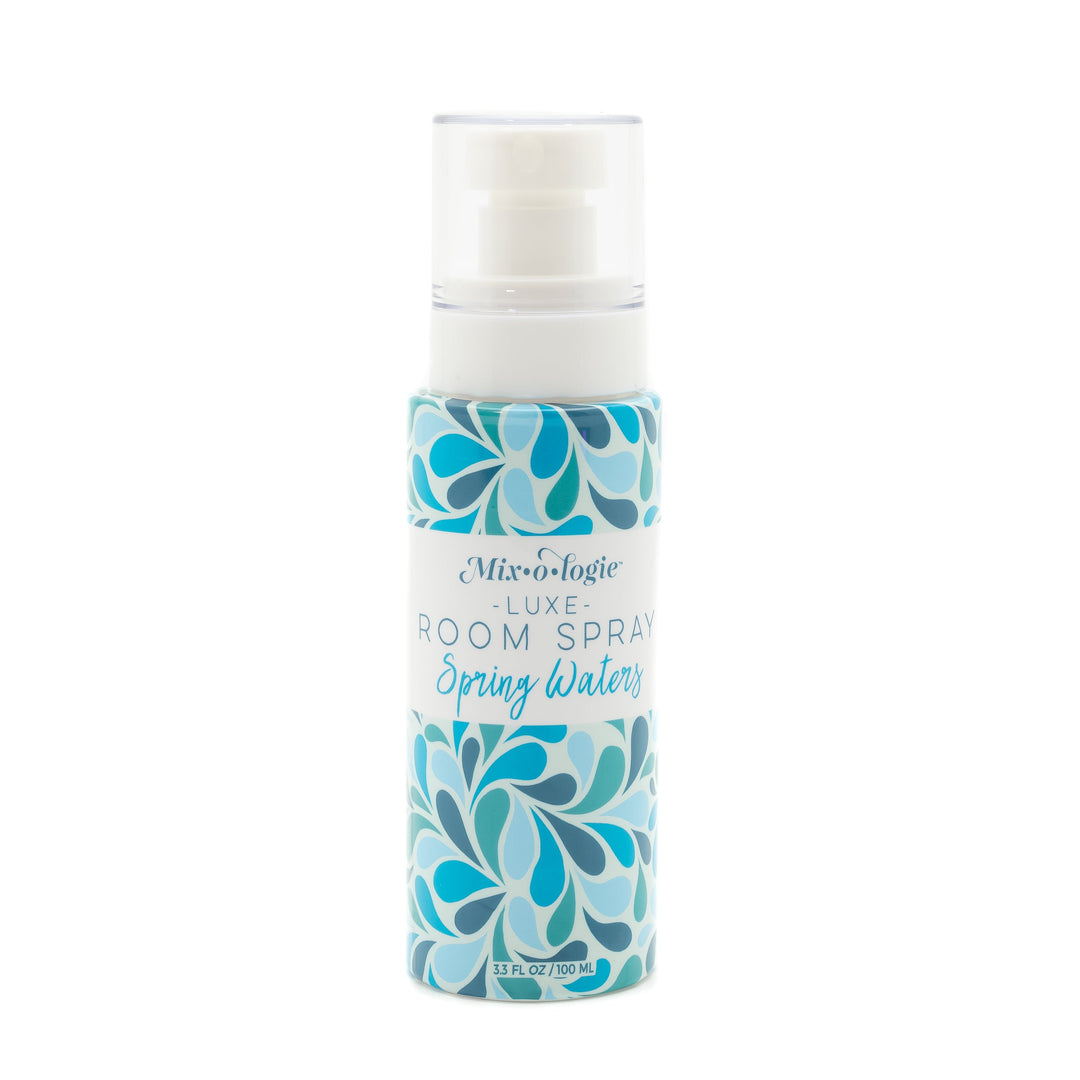 Mixologie Luxe Room Spray in Spring Waters, 3.3 fl oz, clear pump bottle with blue swirling water droplet pattern label
