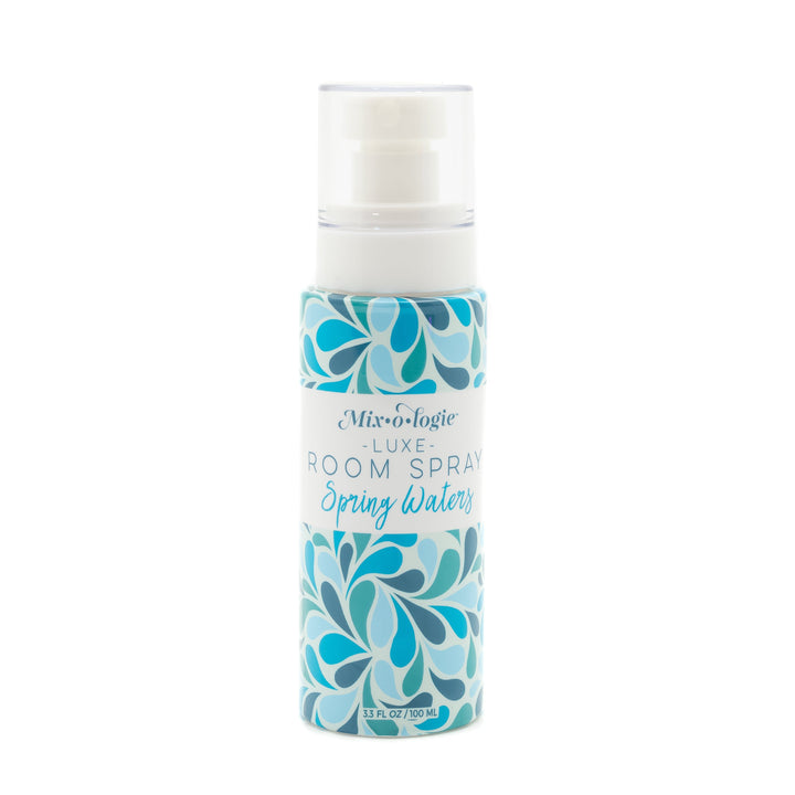 Mixologie Luxe Room Spray in Spring Waters, 3.3 fl oz, clear pump bottle with blue swirling water droplet pattern label
