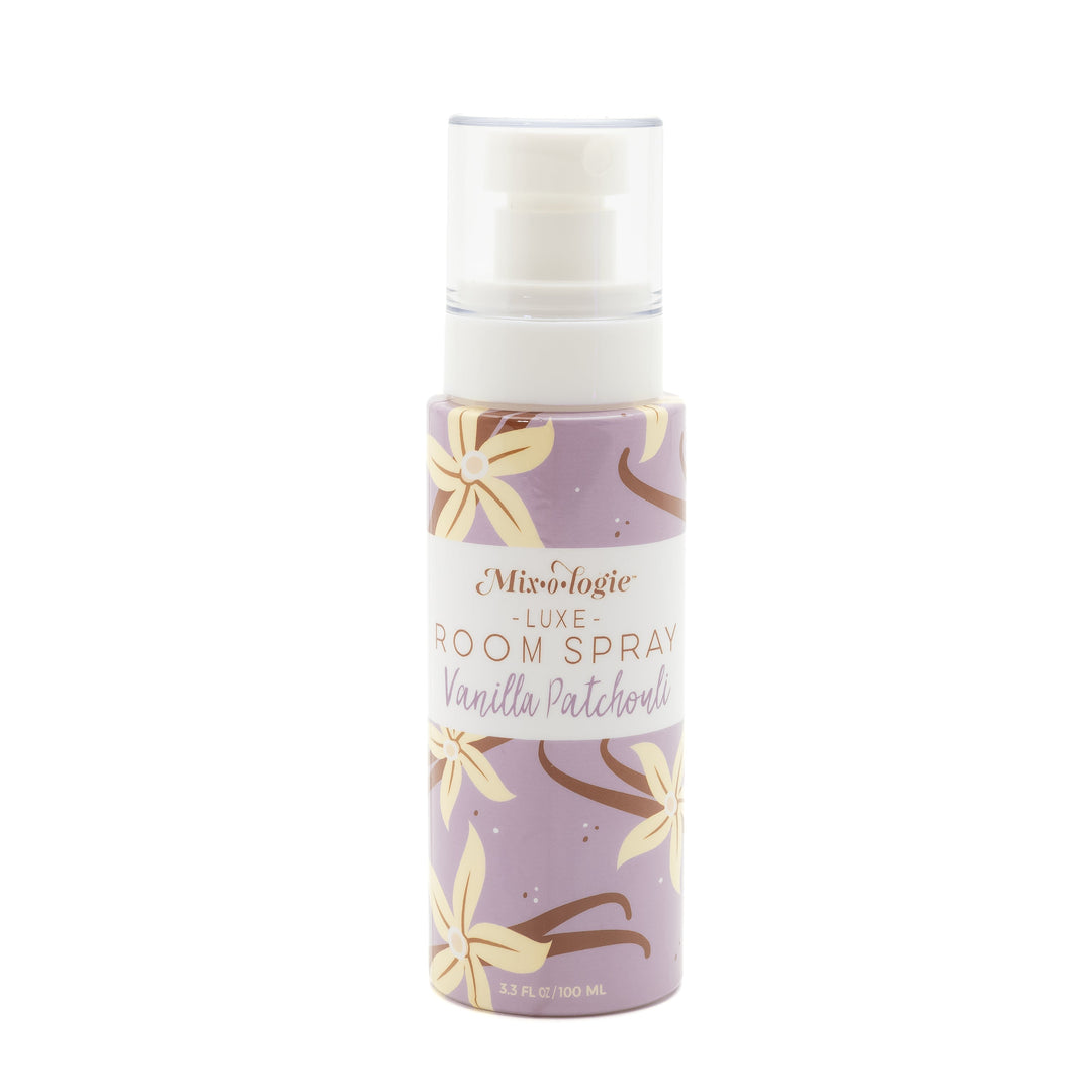 Mixologie Luxe Room Spray in Spring Waters, 3.3 fl oz, clear pump bottle with blue swirling water droplet pattern label
