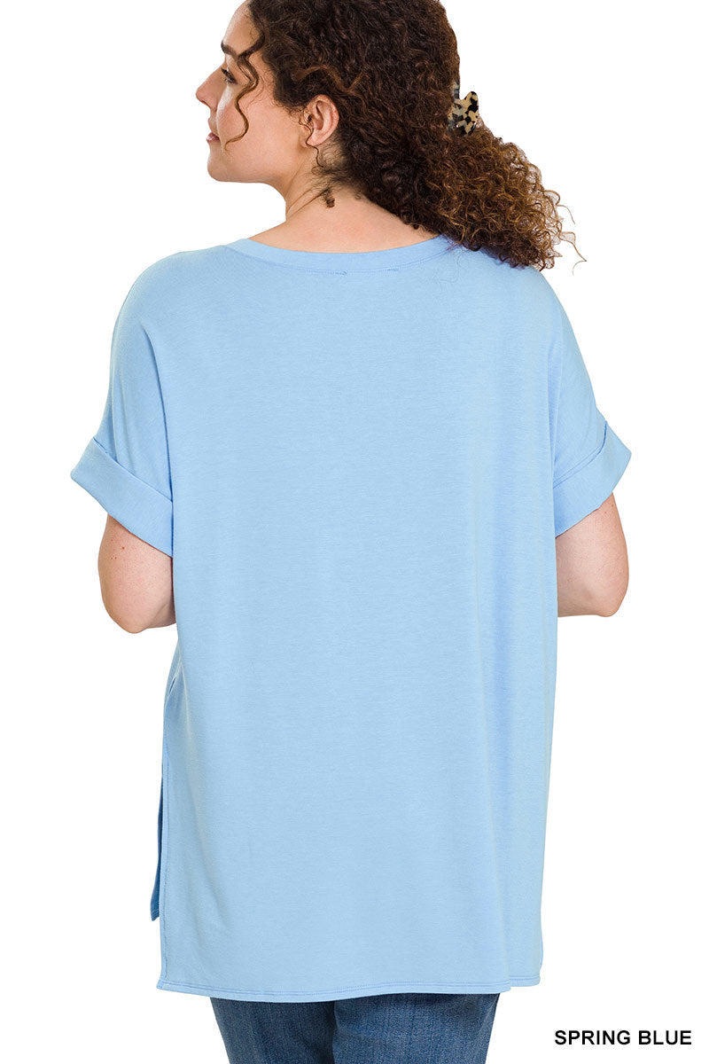 DOORBUSTER: Rolled Short Sleeve V-Neck Side Slit Tee - Spring Blue