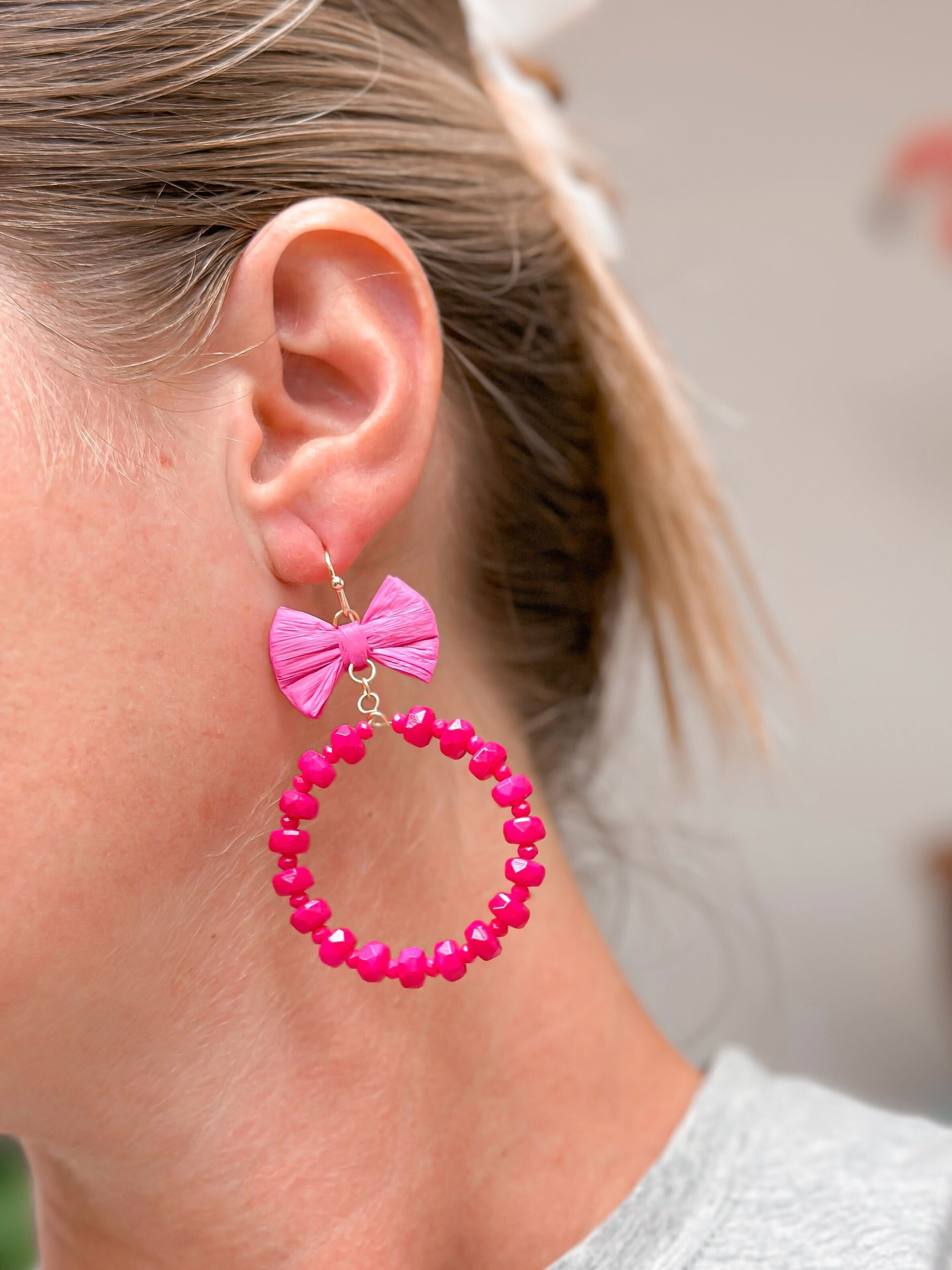Bow Post Open Dangle Earrings - Hot Pink