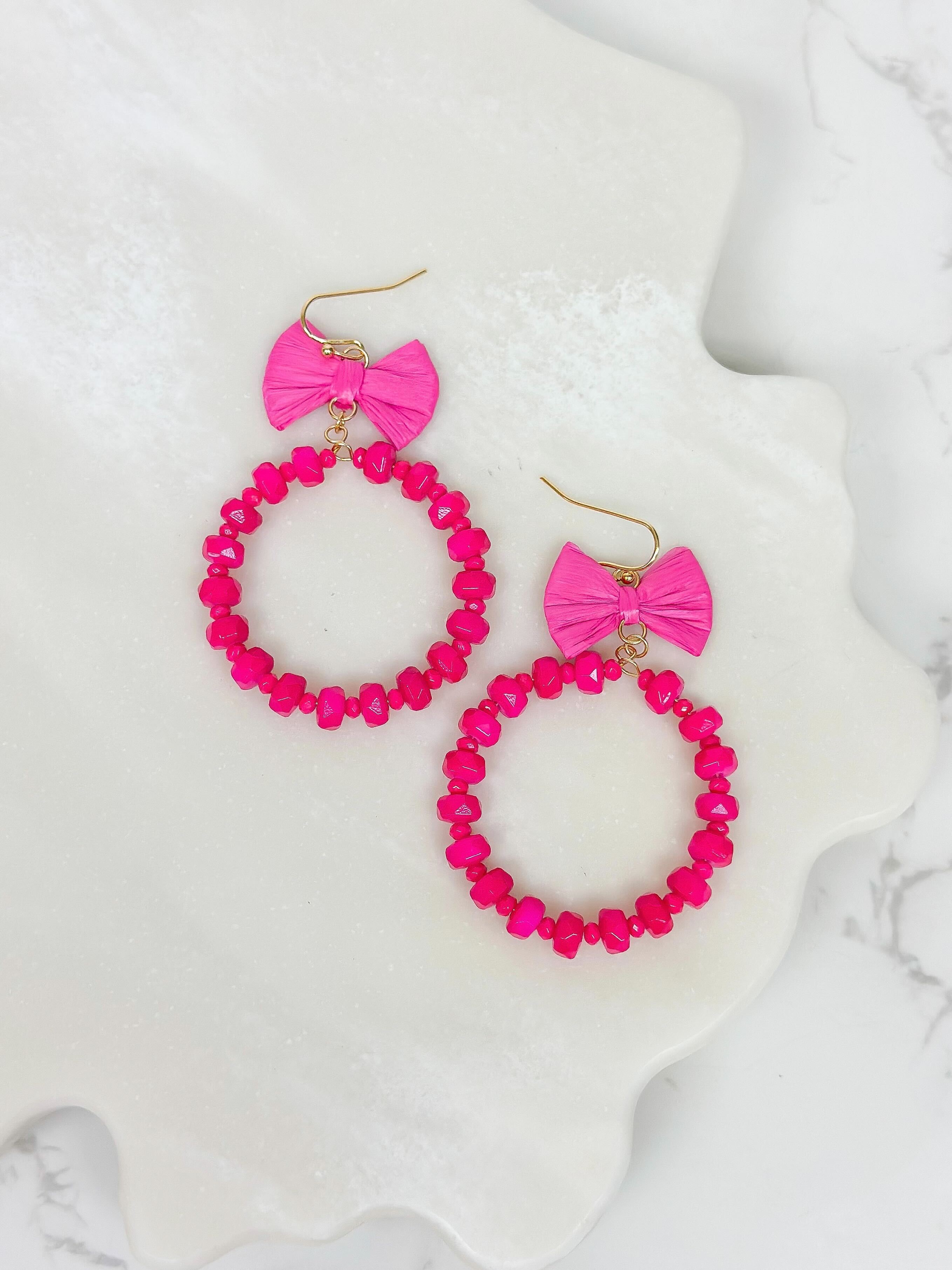 Bow Post Open Dangle Earrings - Hot Pink