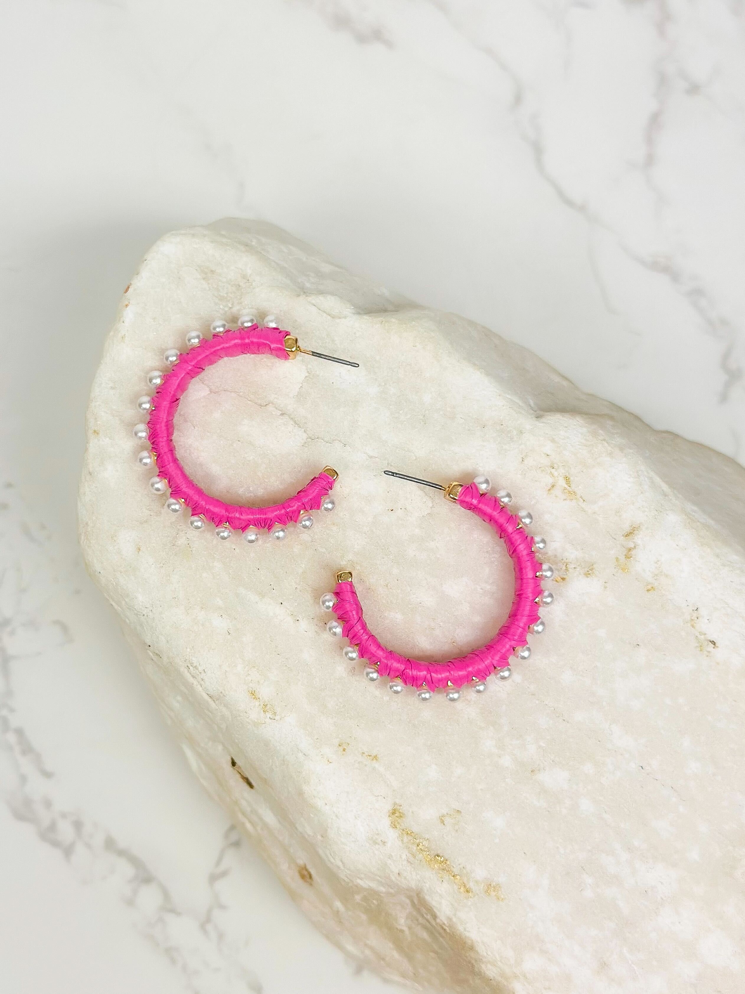 Classic Pearl Lined Hoop Earrings - Hot Pink