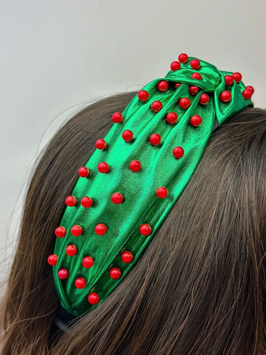 Christmas Pearl Embellished Top Knot Headband - Green