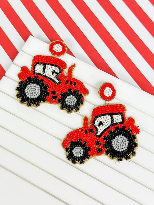 Red Tractor Seed Bead Drop Earrings