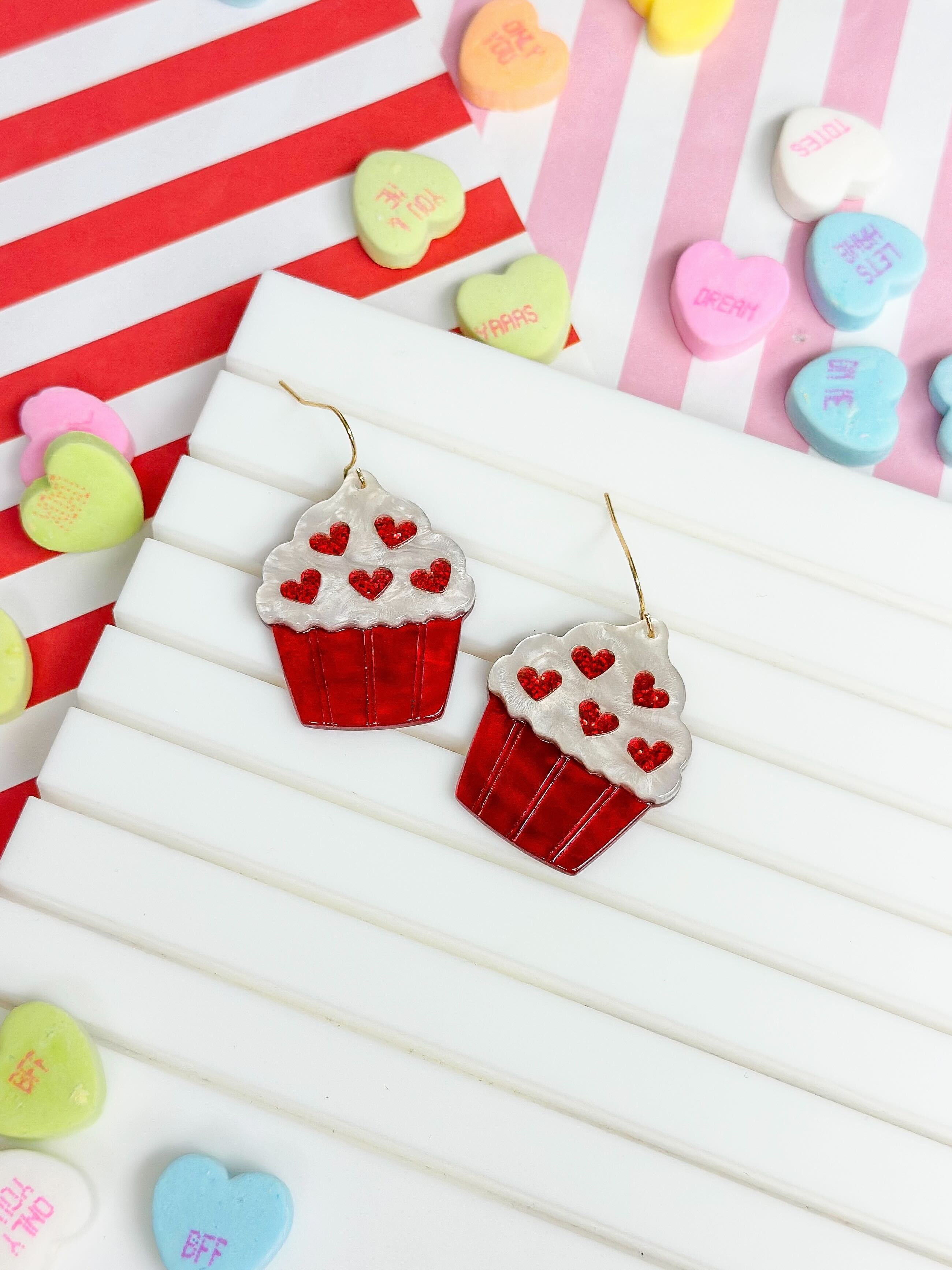 Red Valentine Cupcake Dangle Earrings