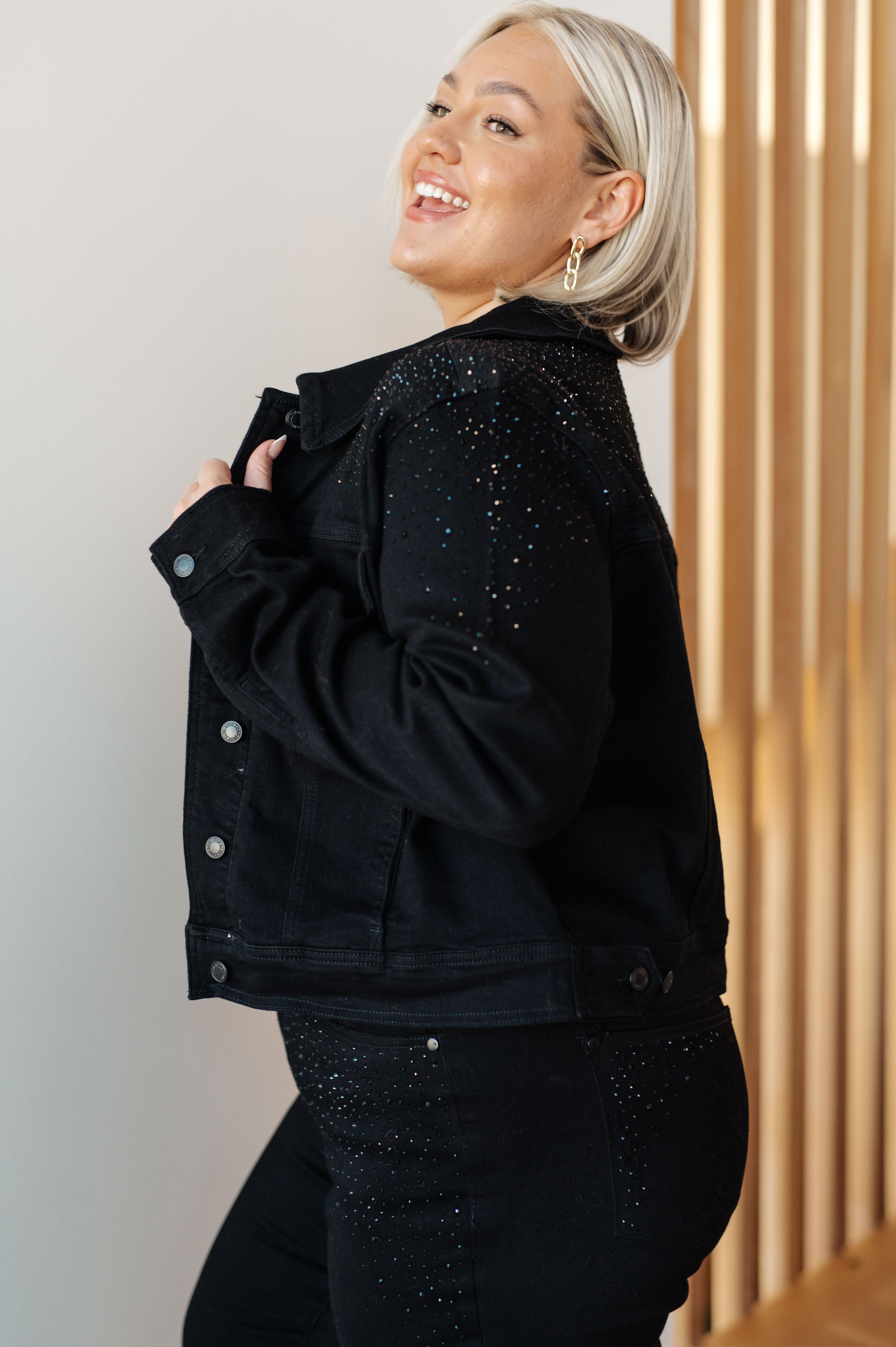 Reese Rhinestone Denim Jacket in Black by Judy Blue