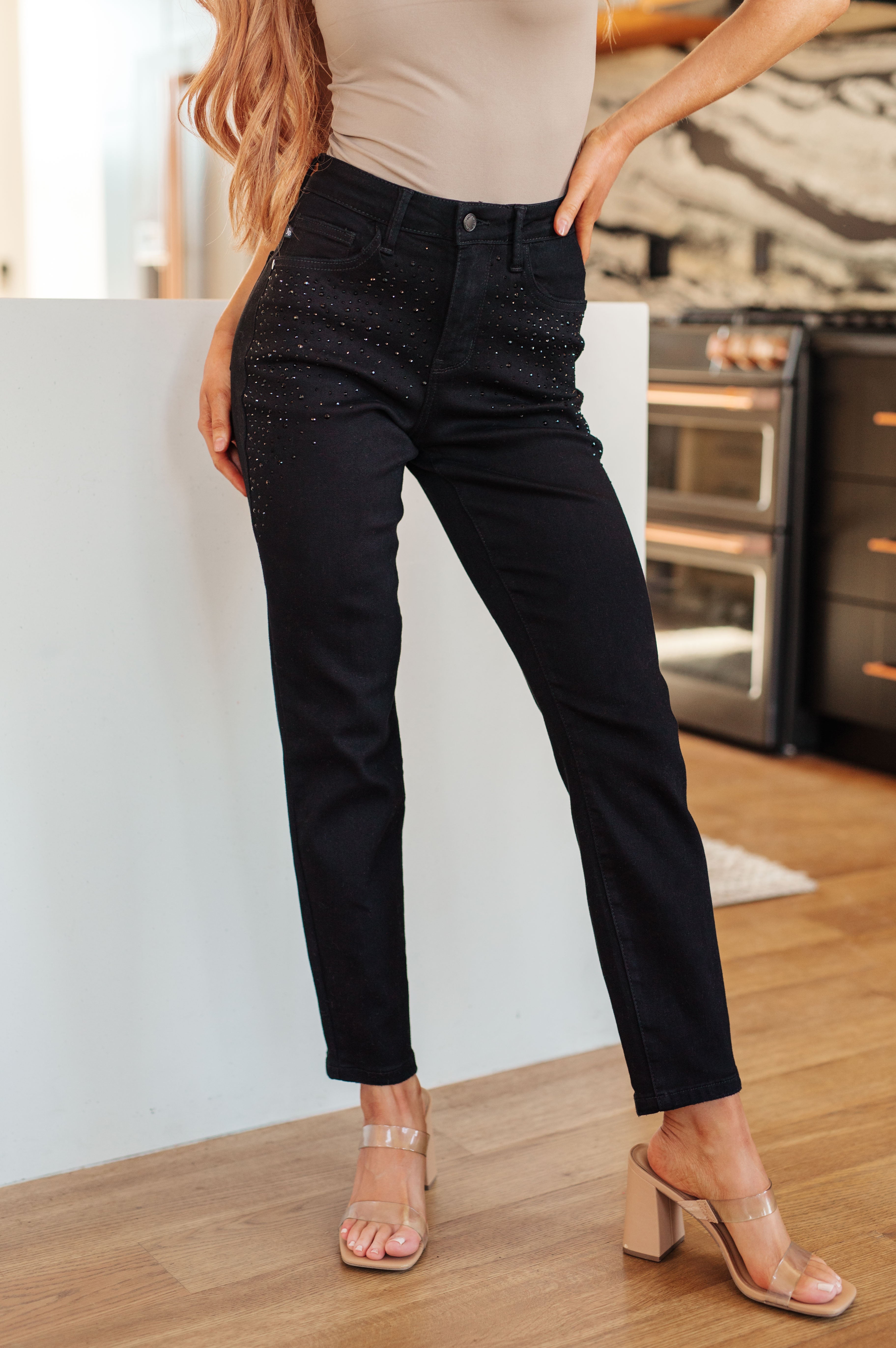 Reese Rhinestone Slim Fit Jeans in Black by Judy Blue