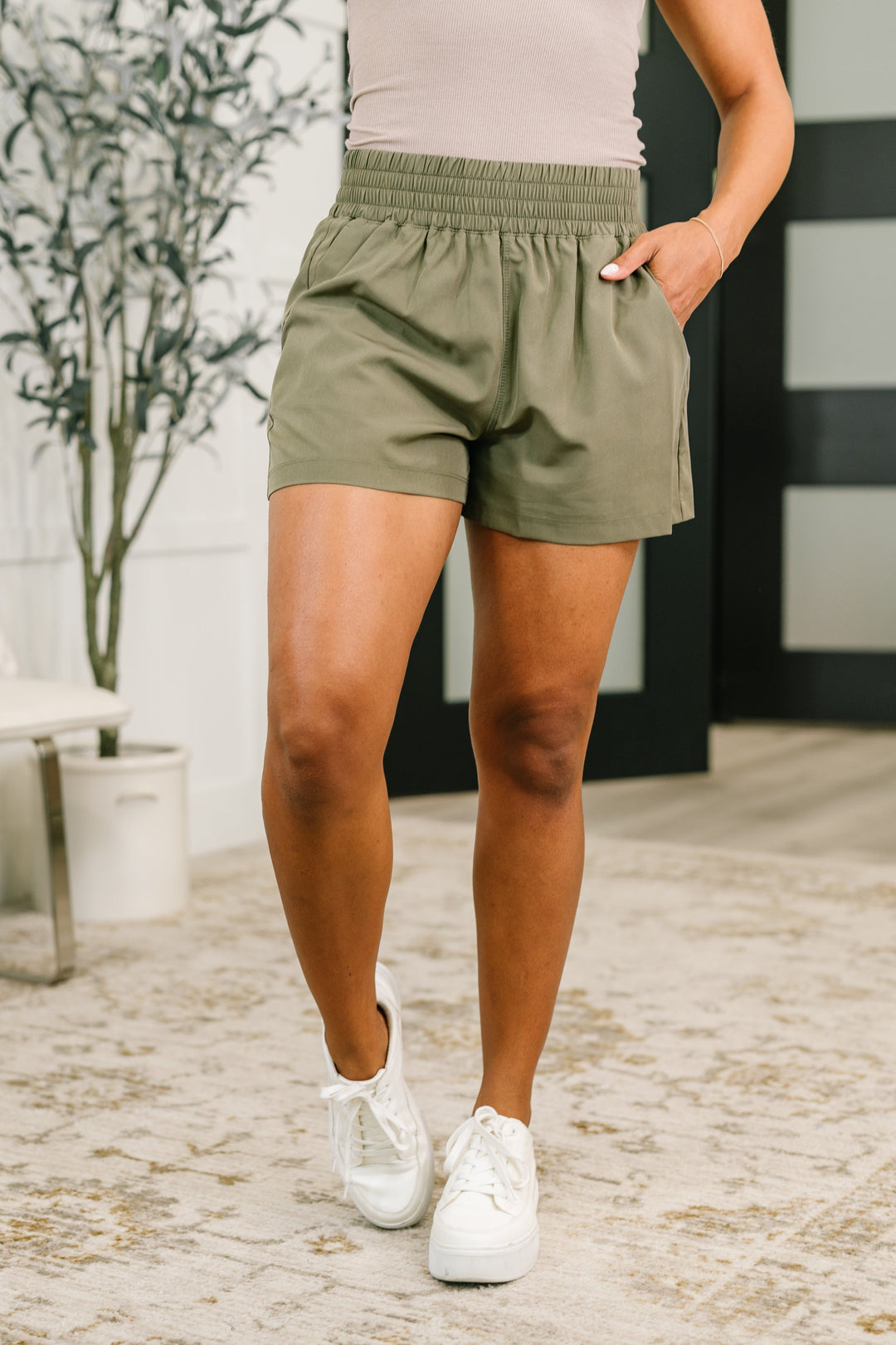 Rile Me Up High Waisted Shorts in Dusty Olive - 6/24