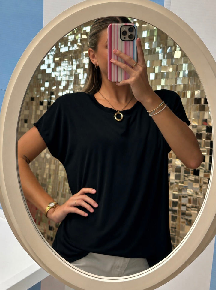 Round Neck Cap Sleeve Top - Black by Sew In Love