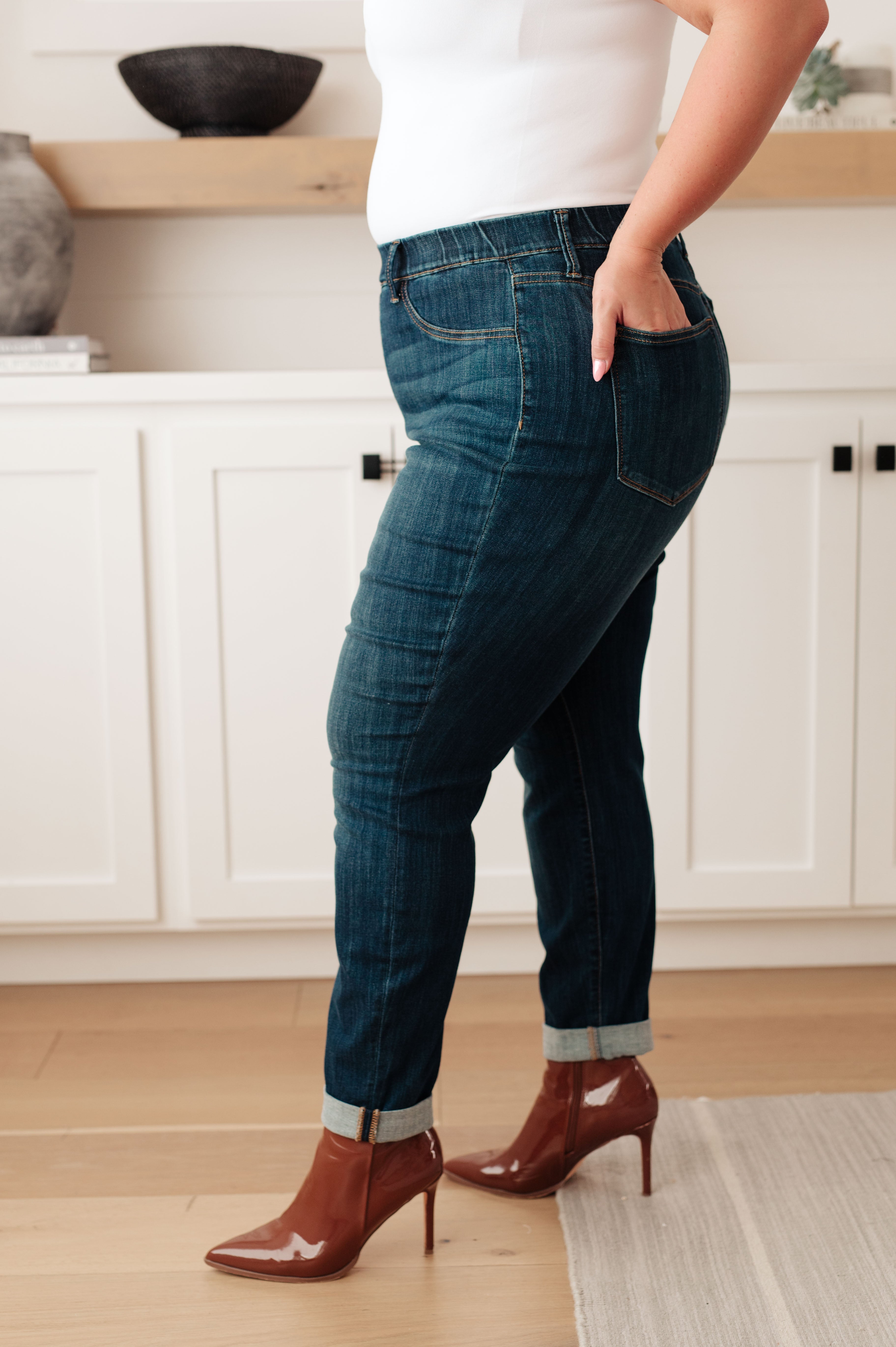 Rowena High Rise Pull On Double Cuff Slim Jeans by Judy Blue