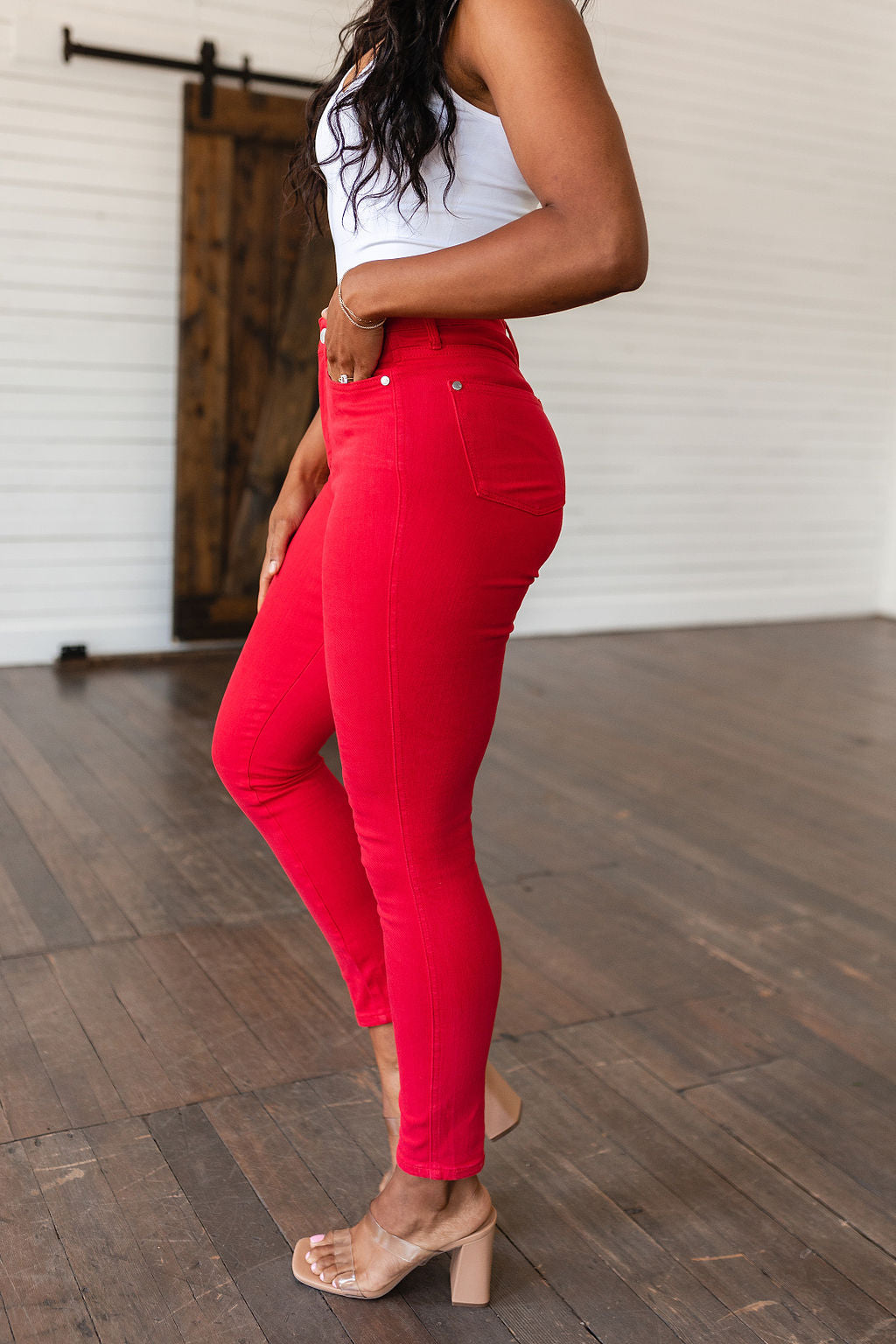 Ruby High Rise Control Top Garment Dyed Skinny Jeans in Red by Judy Blue