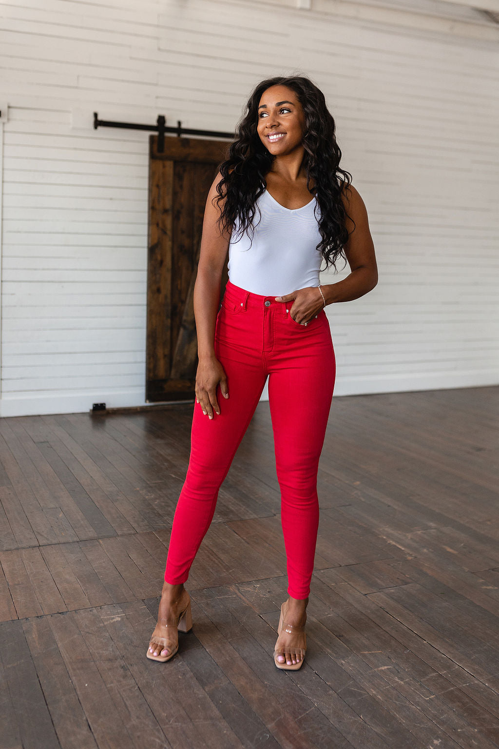 Ruby High Rise Control Top Garment Dyed Skinny Jeans in Red by Judy Blue