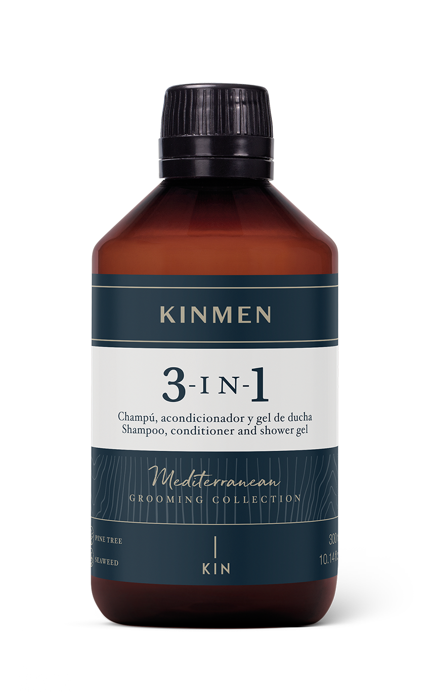 Kinmen 3-in-1 Shampoo Conditioner and Shower Gel 300ml amber bottle, Mediterranean Grooming Collection, on white background