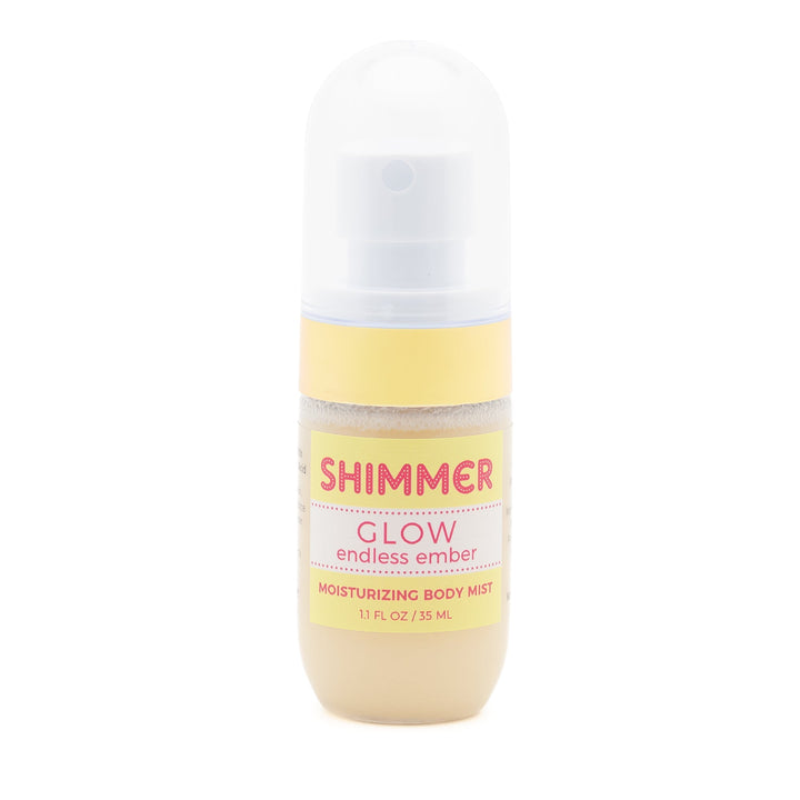Mixologie Shimmer Moisturizing Body Mist in Glow Endless Ember, 1.1 fl oz, clear foaming bottle with yellow band, white pump cap, and yellow label