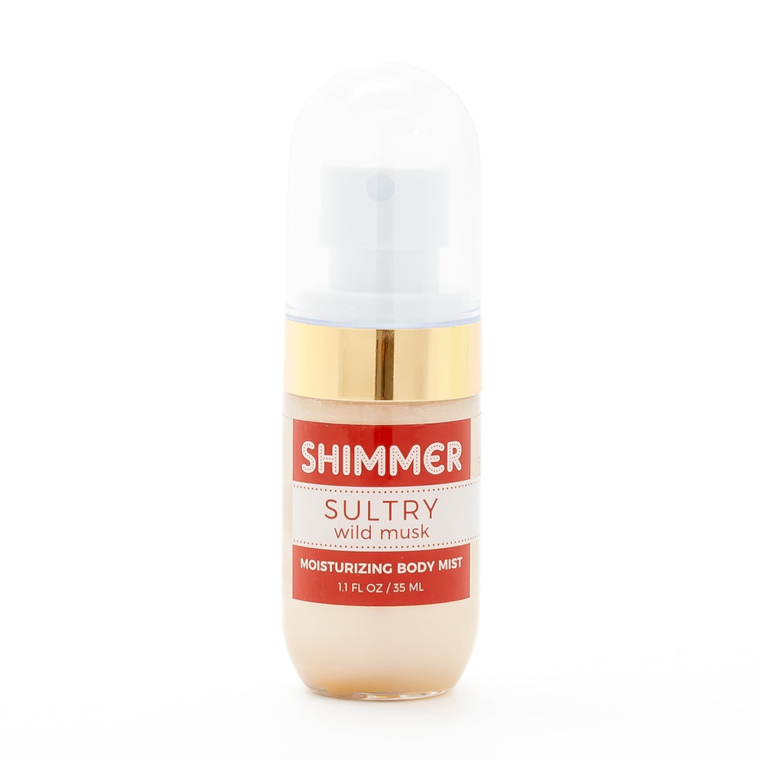 Mixologie Shimmer Moisturizing Body Mist in Sultry Wild Musk, 1.1 fl oz, clear foaming bottle with gold band, white pump cap, and red label