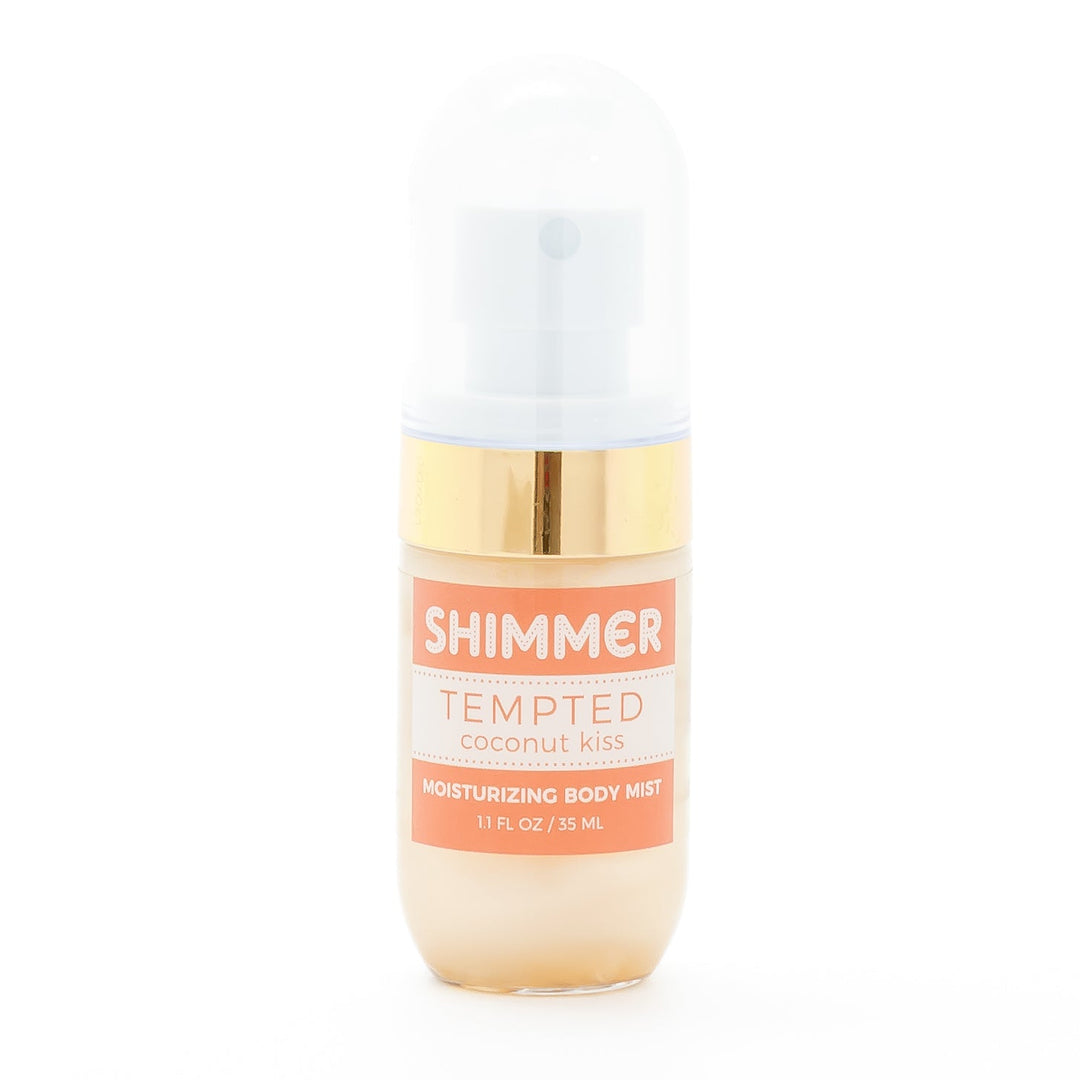 Mixologie Shimmer Moisturizing Body Mist in Tempted Coconut Kiss, 1.1 fl oz, clear foaming bottle with gold band, white pump cap, and coral pink label