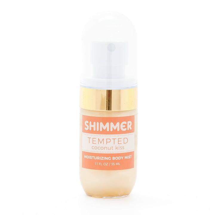 Mixologie Shimmer Moisturizing Body Mist in Tempted Coconut Kiss, 1.1 fl oz, clear foaming bottle with gold band, white pump cap, and coral pink label