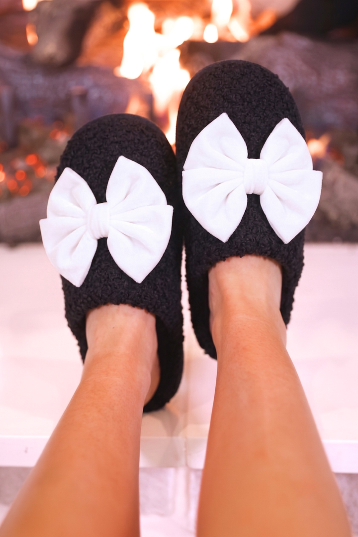 Cozy Bow Slippers- Black/White by Jess Lea (PREORDER: Ships in October)