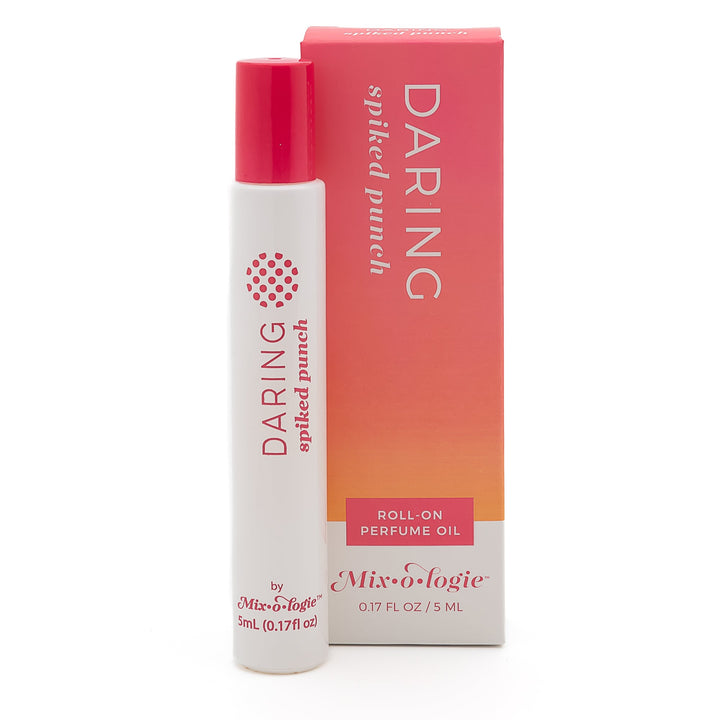 Mixologie Roll-On Perfume Oil in Daring Spiked Punch, 5 mL, white rollerball tube with hot pink cap and dot pattern icon next to hot pink to orange gradient box on white background