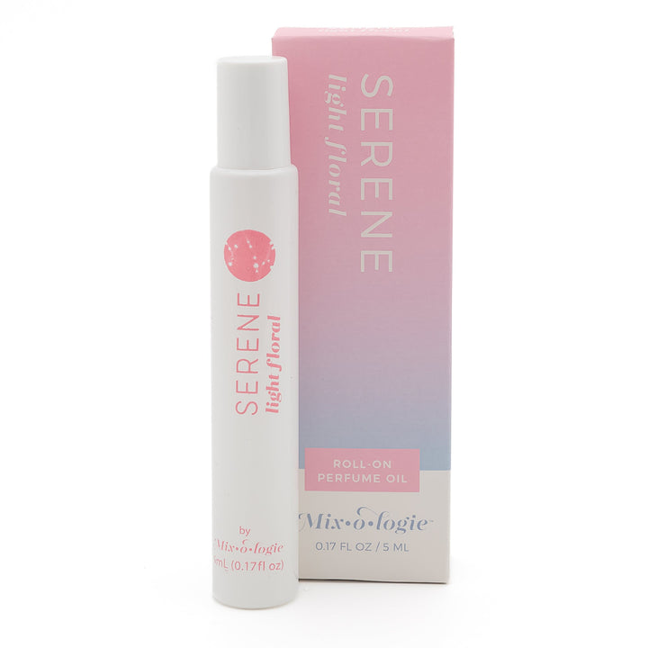Mixologie Roll-On Perfume Oil in Serene Light Floral, 5 mL, white rollerball tube with white cap and pink circle icon next to blush pink to periwinkle gradient box on white background