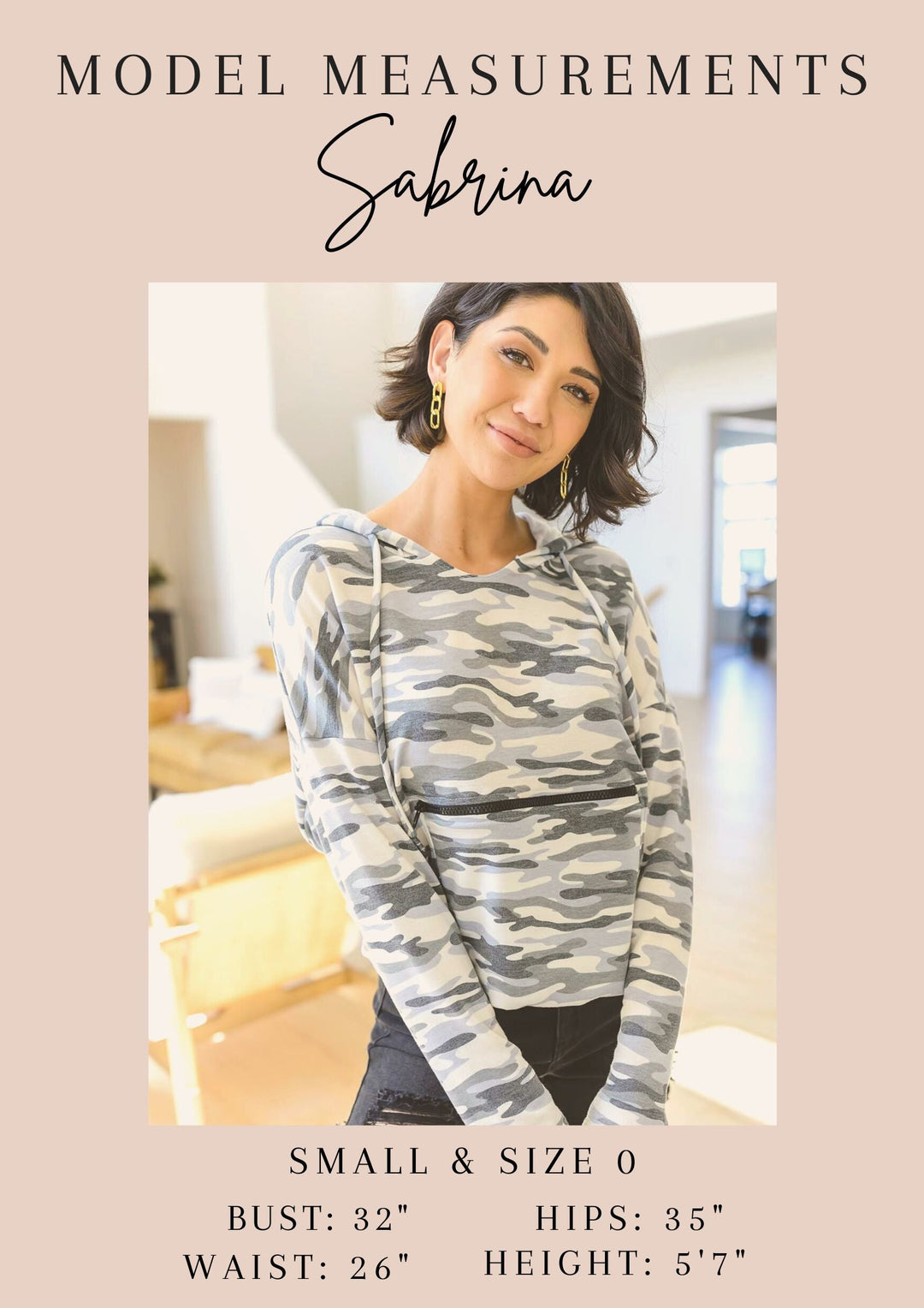 Model measurements card for "Sabrina" — Size Small & 0, Bust: 32", Waist: 26", Hips: 35", Height: 5'7".