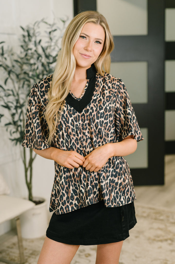 Sassy Season Split Neck Leopard Print Blouse - 8/7
