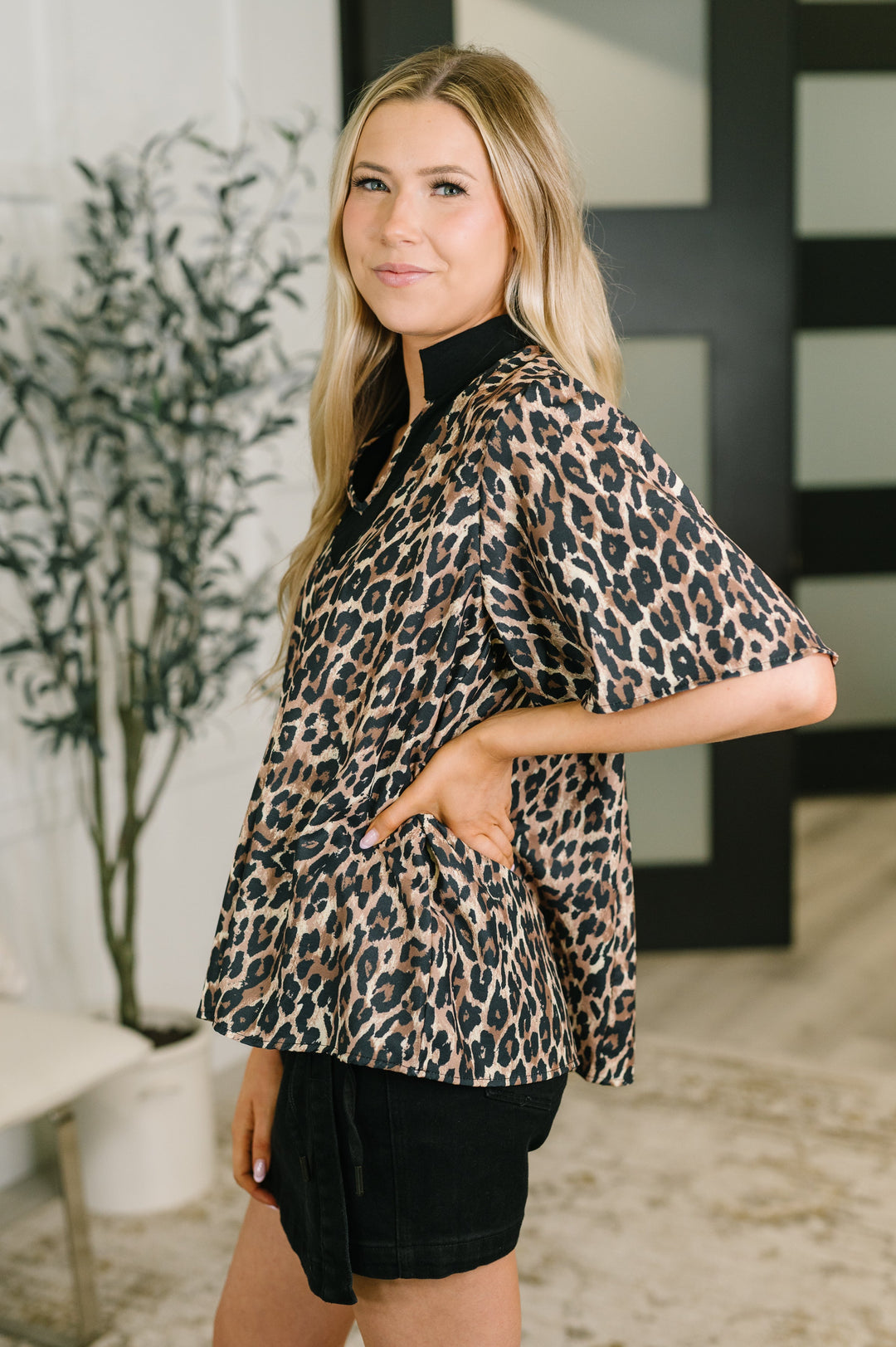 Sassy Season Split Neck Leopard Print Blouse - 8/7