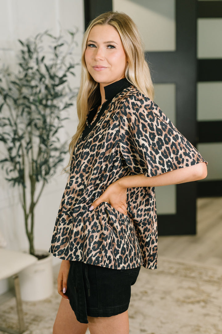 Sassy Season Split Neck Leopard Print Blouse - 8/7
