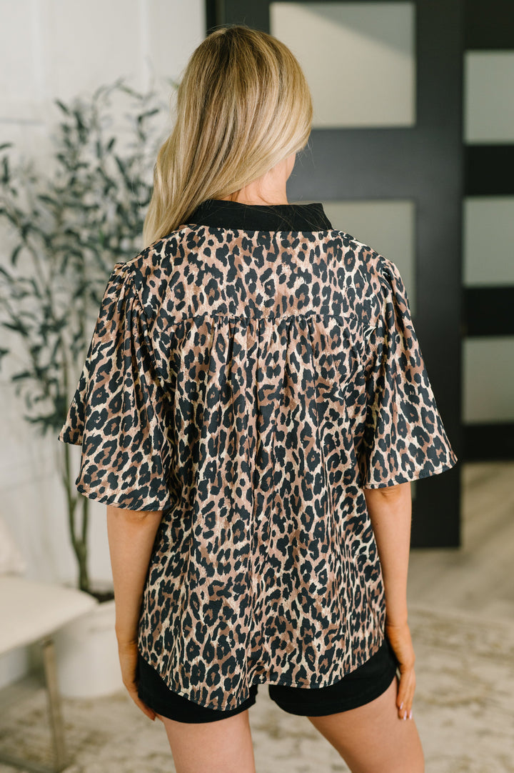 Sassy Season Split Neck Leopard Print Blouse - 8/7