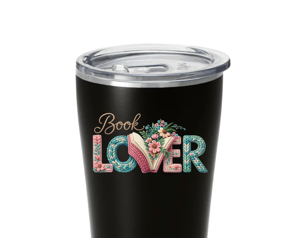 Black insulated tumbler with the text 'Book Lover' in a floral knit-style design with an open book and pink flowers