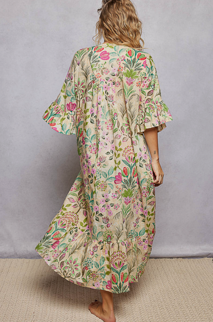 Deep V-Neck Beaded Ruffle Maxi Dress - Vanilla Multi by POL