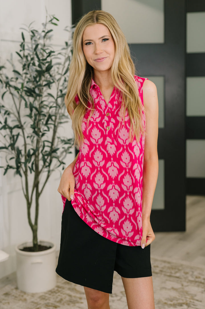 Sea Spray Collared Sleeveless Top in Floral Ikat - 4/20