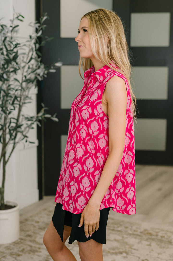 Sea Spray Collared Sleeveless Top in Floral Ikat - 4/20