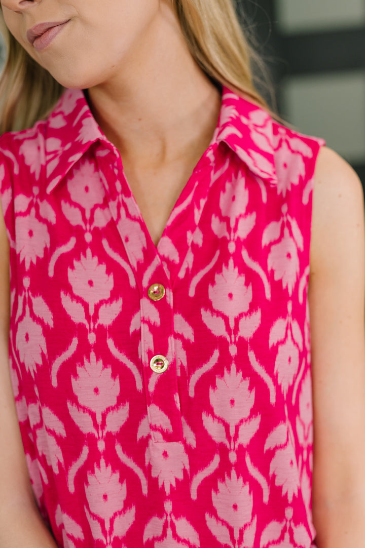 Sea Spray Collared Sleeveless Top in Floral Ikat - 4/20