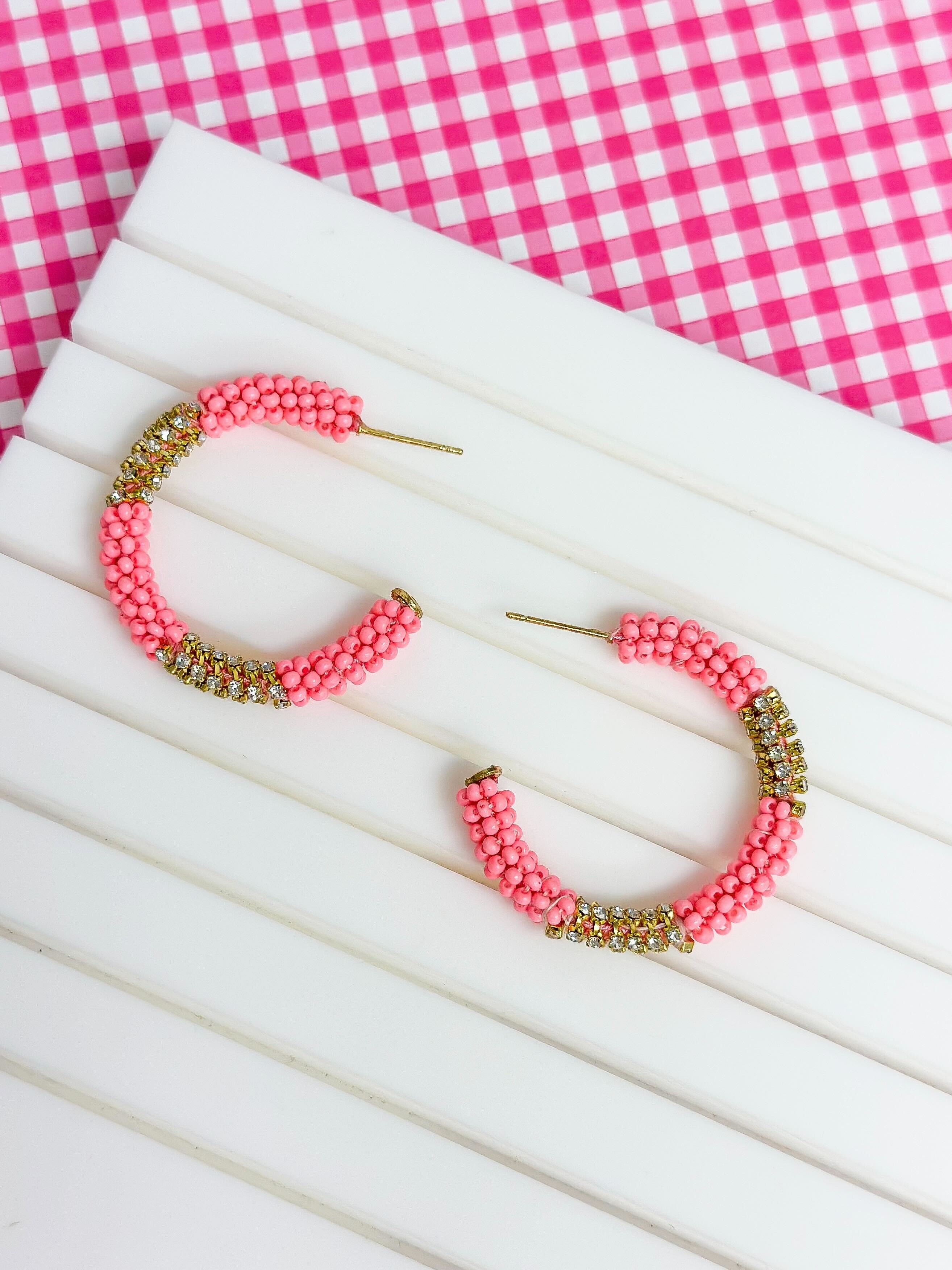Seed Bead & Rhinestone Hoop Earrings - Pink