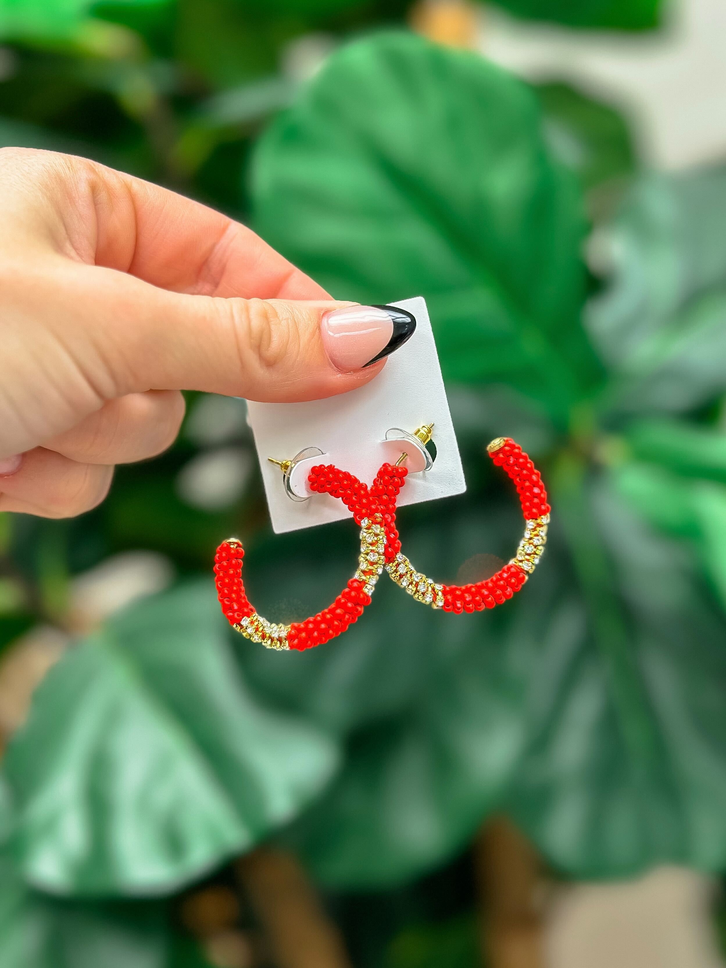 Seed Bead & Rhinestone Hoop Earrings - Red