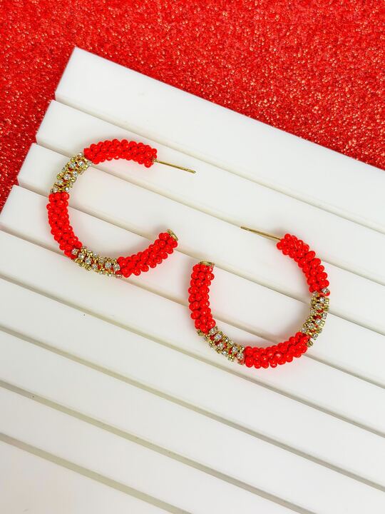 Seed Bead & Rhinestone Hoop Earrings - Red
