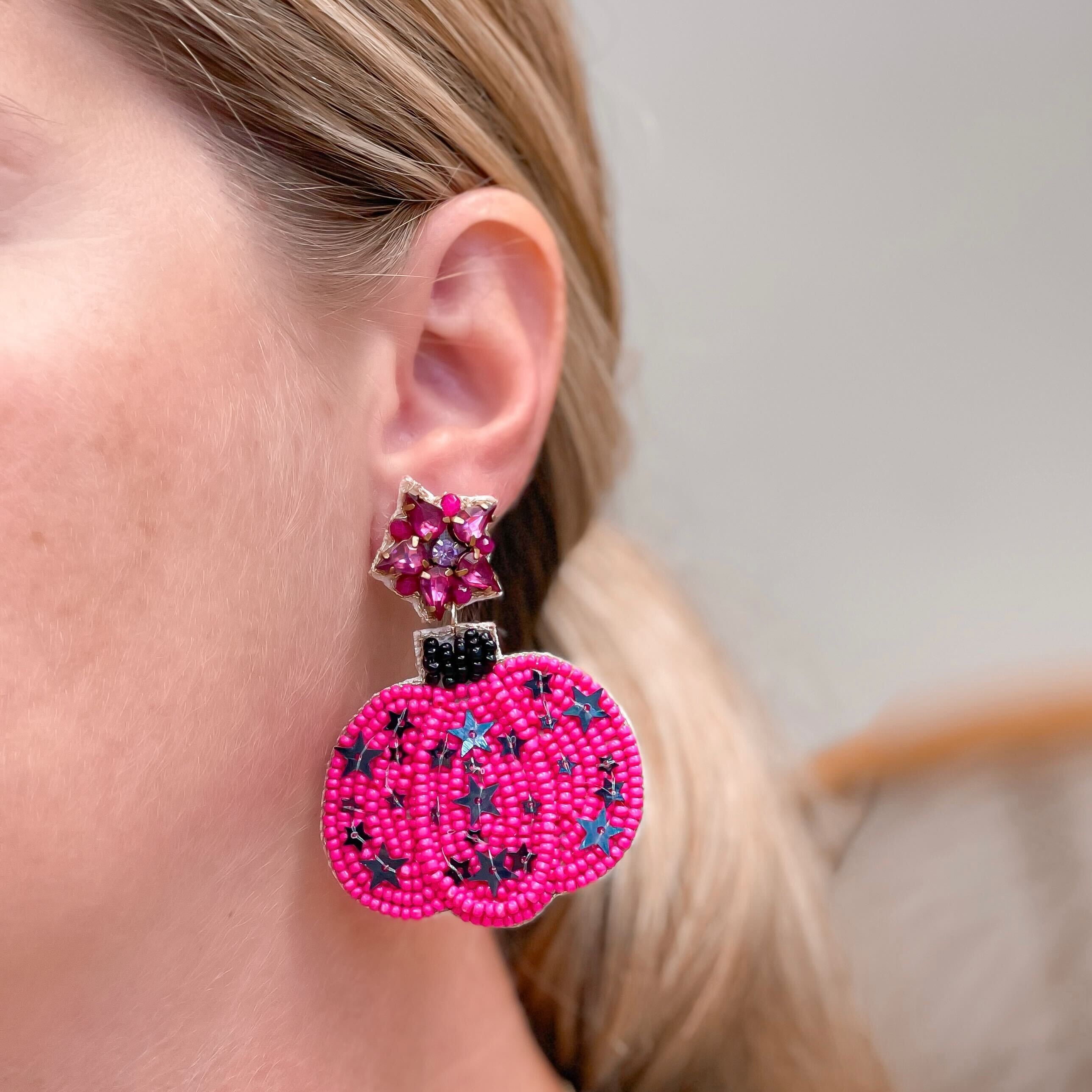 Sequin Star Pumpkin Beaded Dangle Earrings - Pink