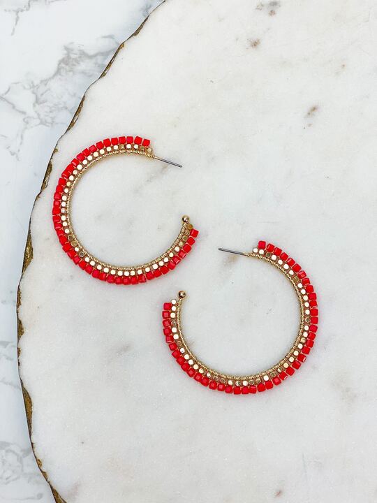 Shiny Bead Holiday Gold Hoop Earrings - Red