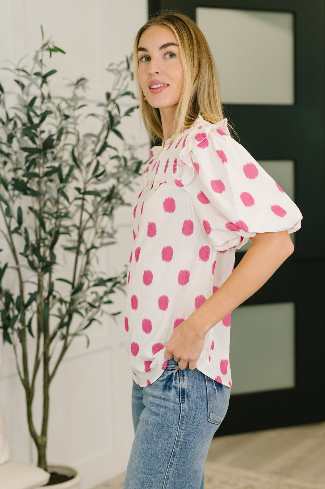Shopping Spree Notched Neck Puff Sleeve Blouse - 7/16