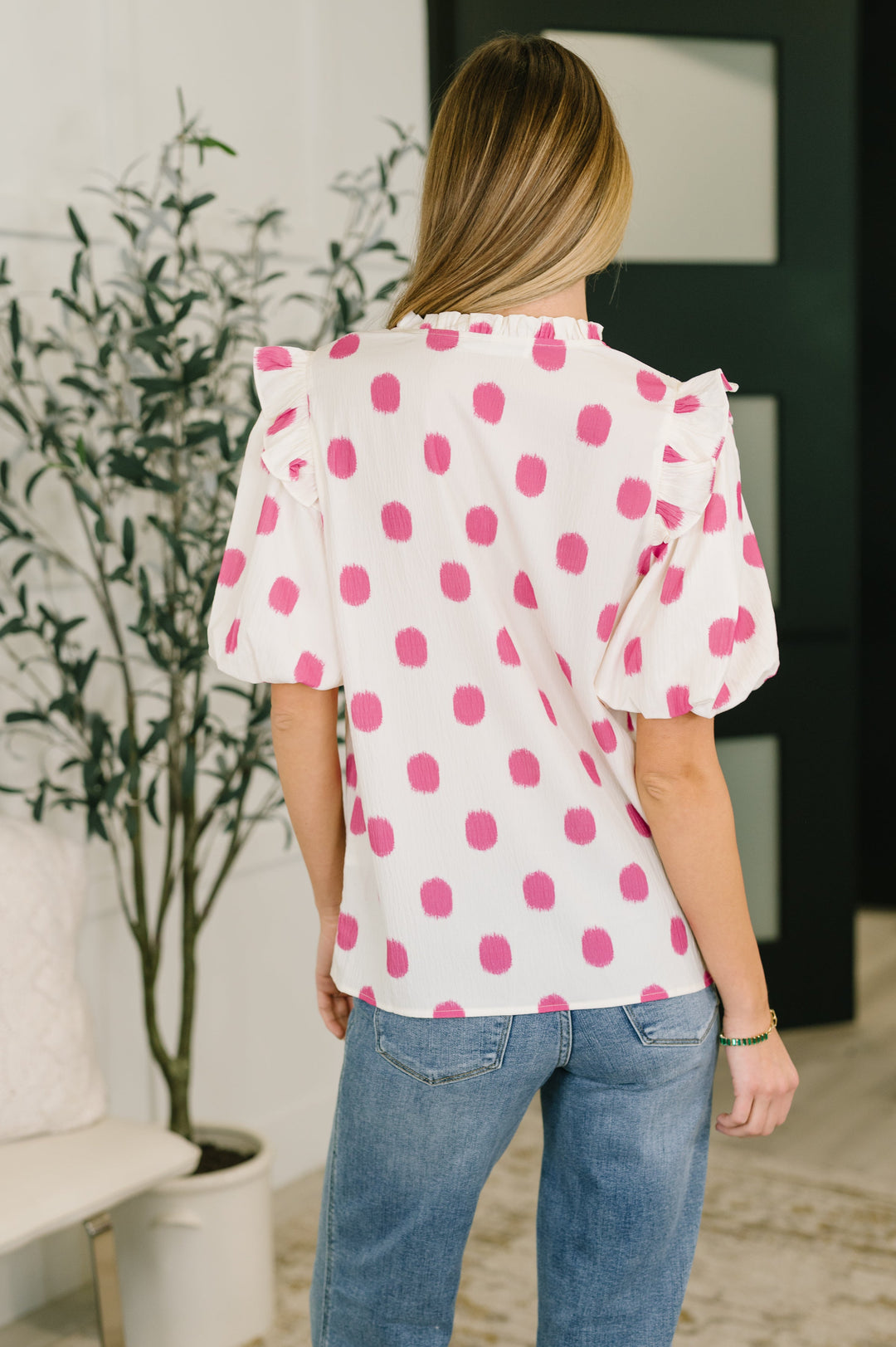 Shopping Spree Notched Neck Puff Sleeve Blouse - 7/16