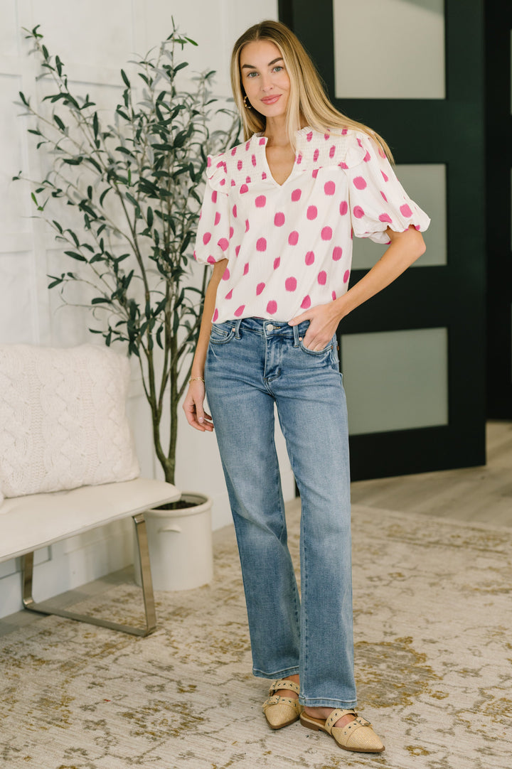 Shopping Spree Notched Neck Puff Sleeve Blouse - 7/16