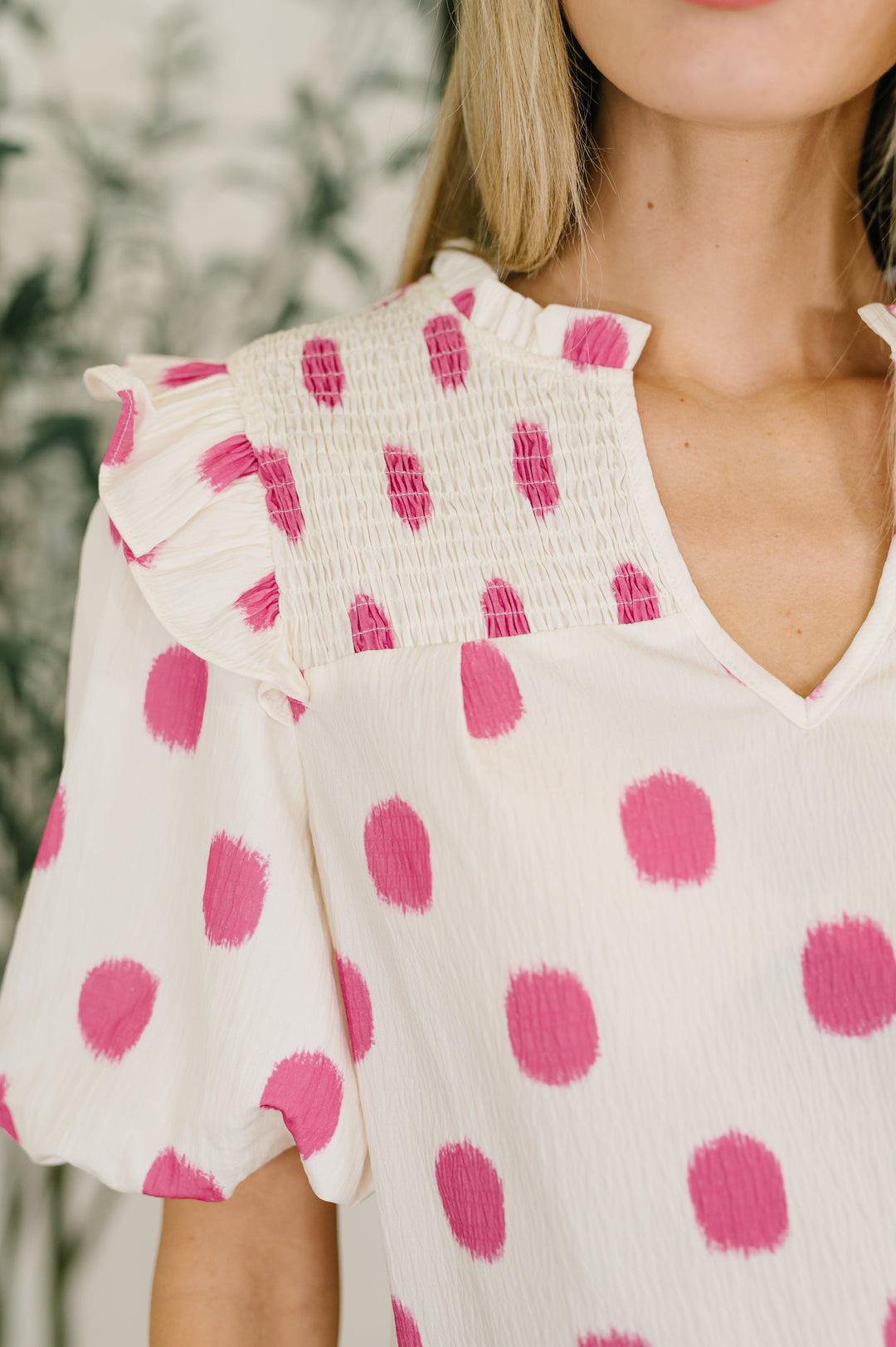 Shopping Spree Notched Neck Puff Sleeve Blouse - 7/16
