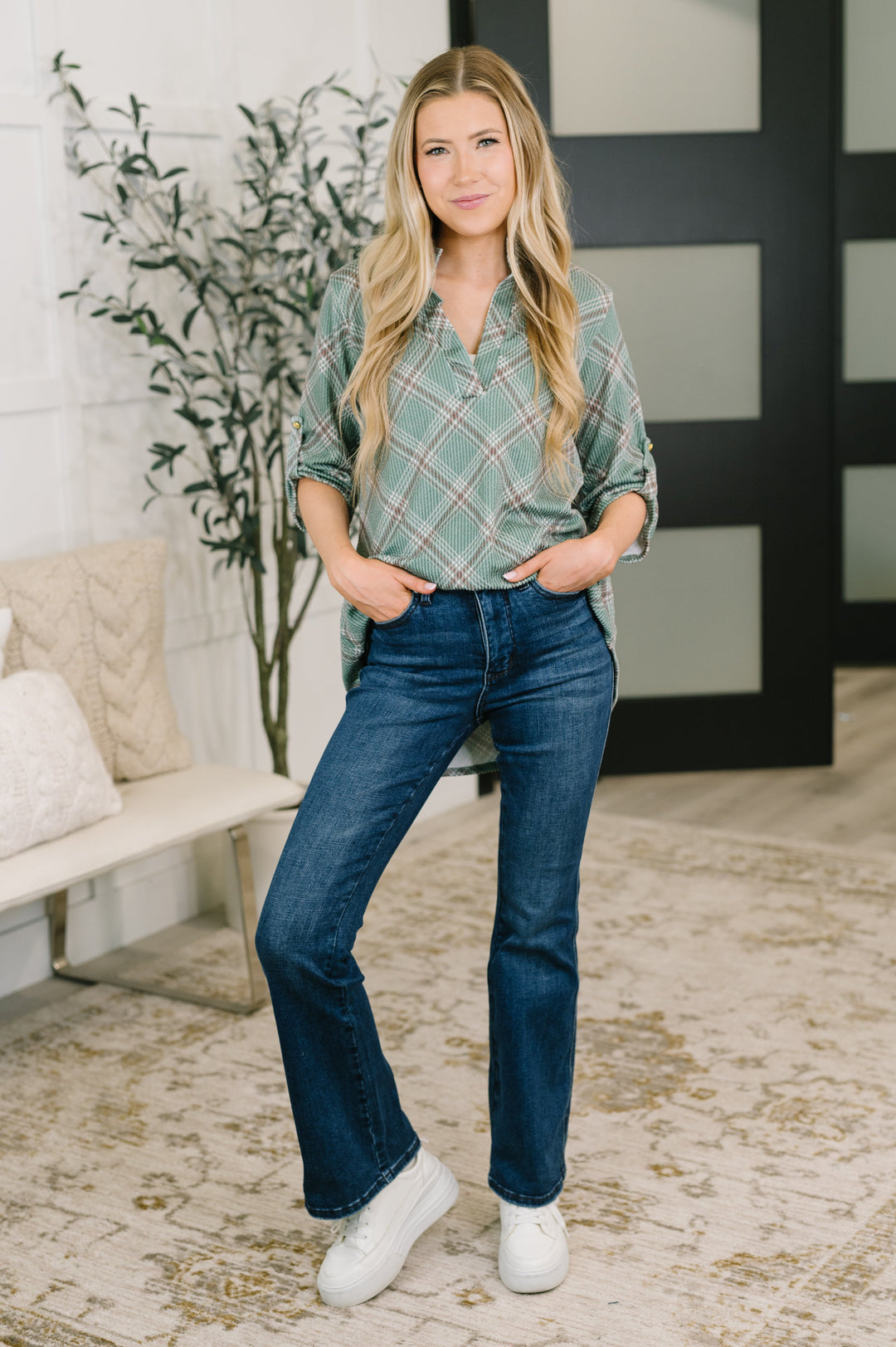 So It Goes Split Neck Plaid Top - 8/21